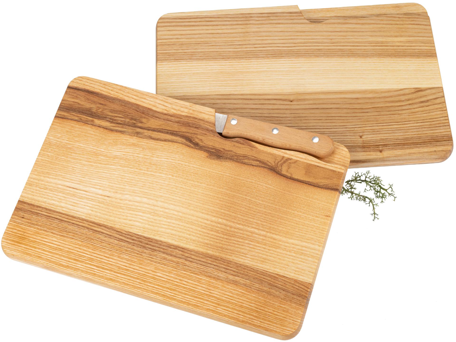 Schneidebrett mit Messerschlitz rechteckig aus Esche FSC® - 27 x 18 x 1,5 cm geölt mit Messer